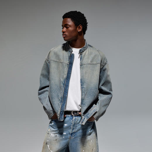 CHINISM赤尘 黑色做旧复古美式机车牛仔夹克男水洗高街立领外套 商品图0