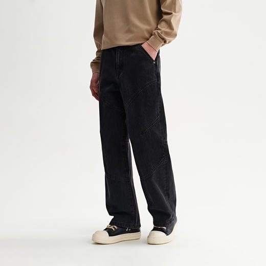 CHINISM折扣季 水洗黑色弯刀牛仔裤男直筒复古做旧宽松男士裤子 商品图1