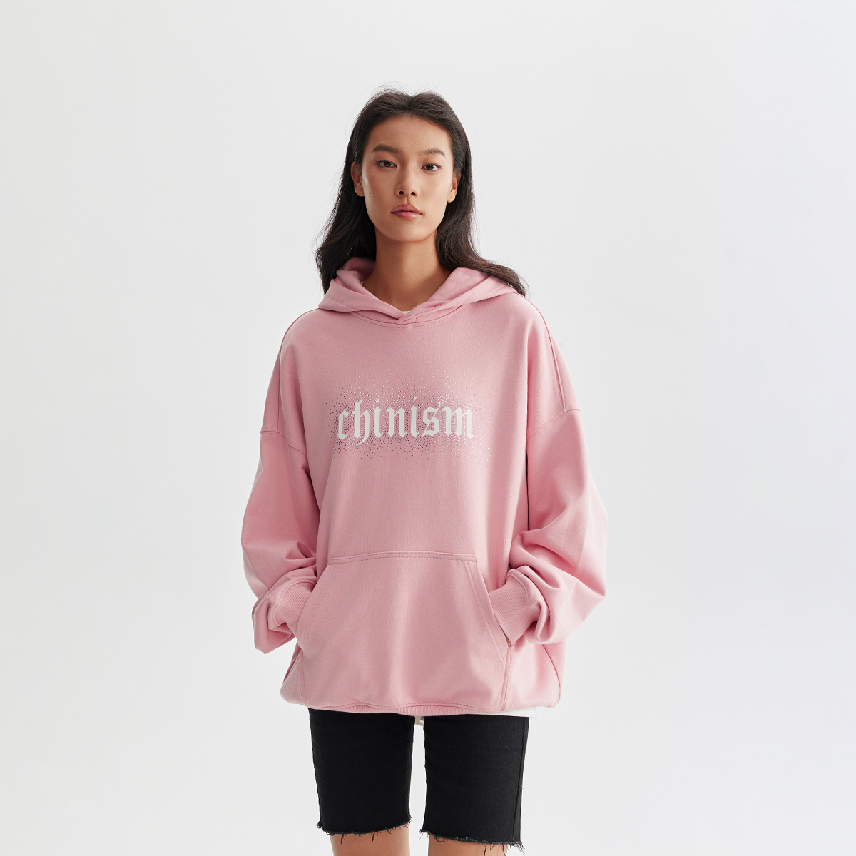 CHINISM折扣季 粉色烫钻连帽卫衣外套男秋季新款宽松潮牌套头帽衫