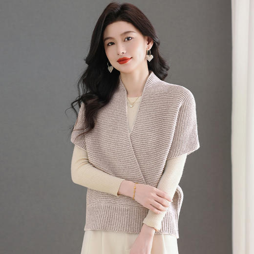 FCY SZ9302新款V领交叉短袖针织衫纯色毛衣上衣 商品图2
