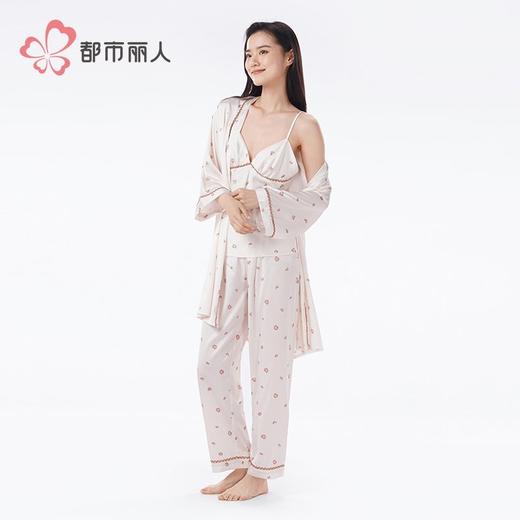 都市丽人冰雪丝印花睡衣女士家居服吊带长裤外袍丝质三件套LHH5A7 商品图2