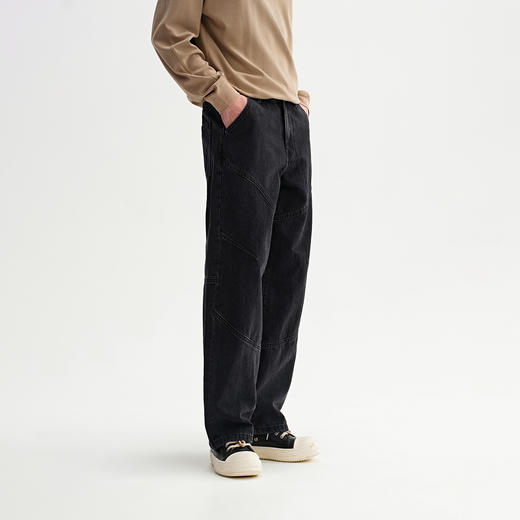 CHINISM折扣季 水洗黑色弯刀牛仔裤男直筒复古做旧宽松男士裤子 商品图3