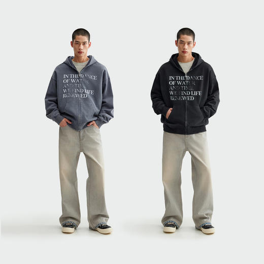 CHINISM赤尘 字母印花水洗开衫卫衣男秋季新款纯棉连帽拉链外套 商品图3