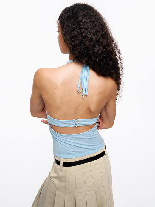 TR她热 仲夏蓝调 浅蓝色弹力修身系带露背荡领挂脖吊带背心 商品图1