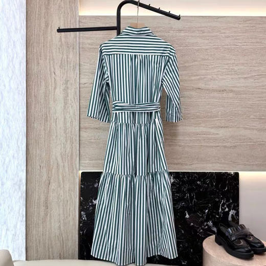 新款M*X府绸棉条纹荷叶大摆收腰系带衬衫裙 商品图4