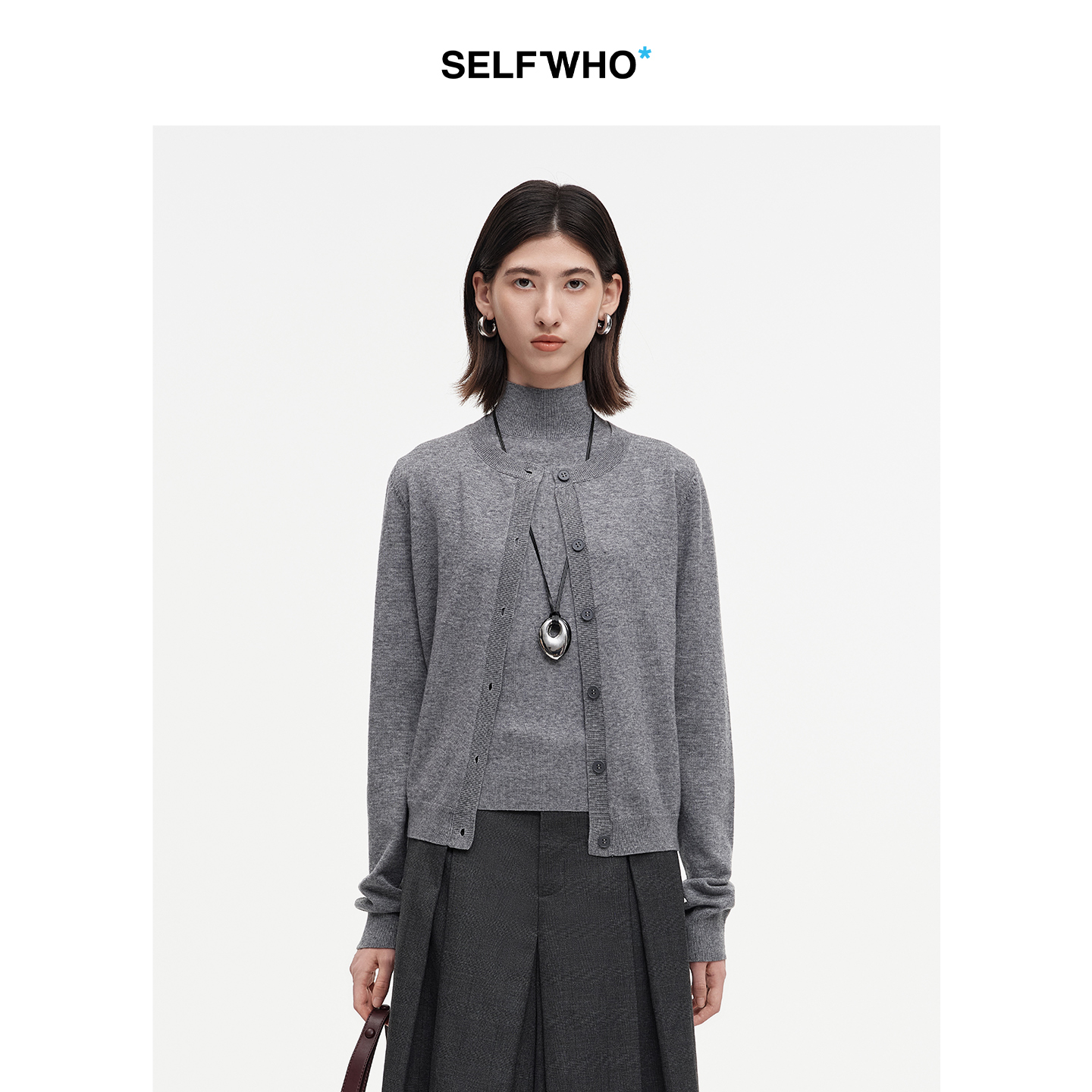 SELFWHO绵羊毛混纺经典圆领针织开衫女2025秋季新款宽松毛衣外套