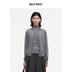 SELFWHO绵羊毛混纺经典圆领针织开衫女2025秋季新款宽松毛衣外套