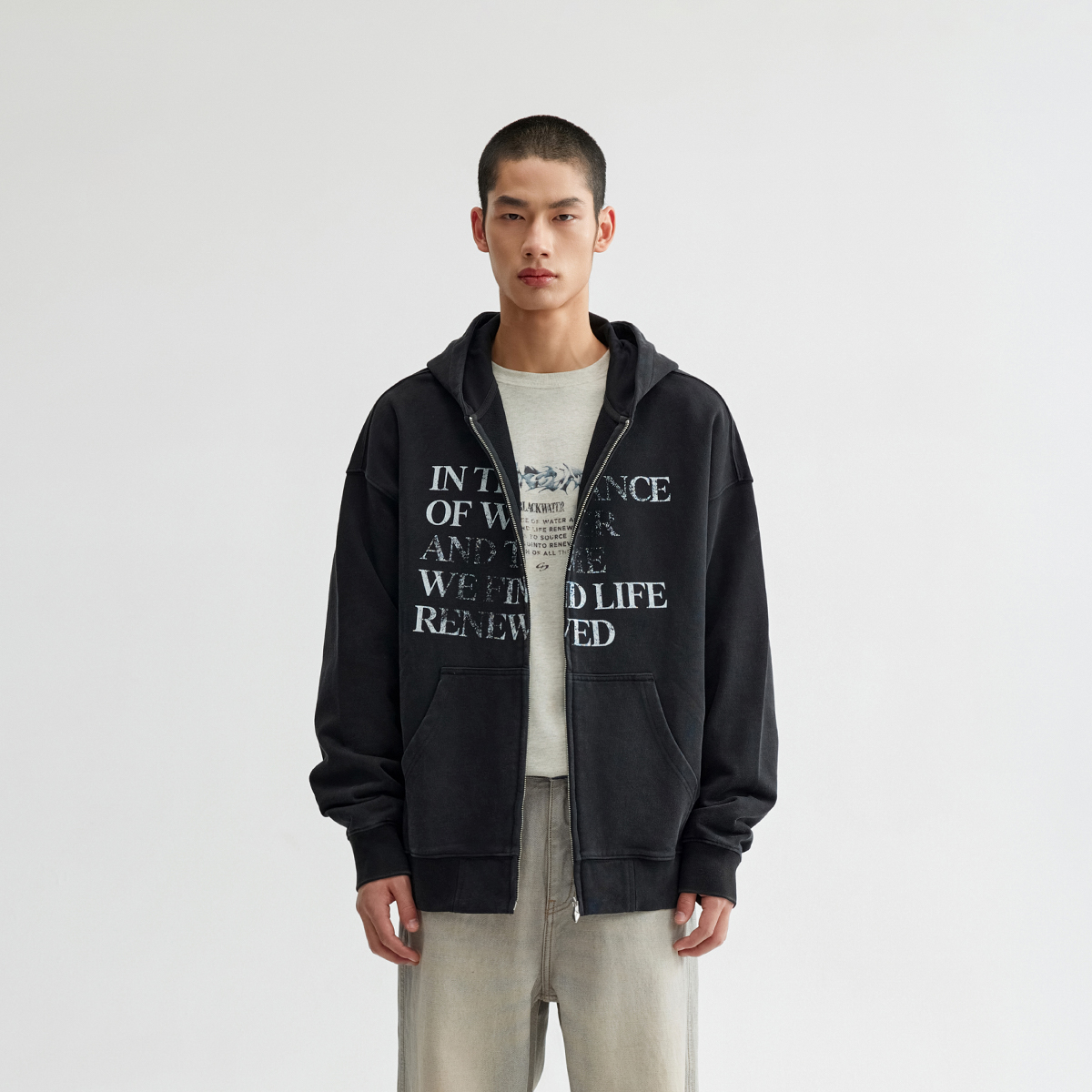 CHINISM赤尘 字母印花水洗开衫卫衣男秋季新款纯棉连帽拉链外套