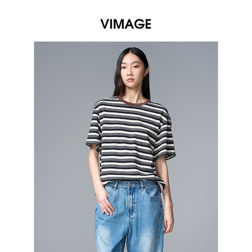 VIMAGE纬漫纪纯棉圆领复古百搭宽松撞色条纹t恤上衣2025夏季新款V2302922 商品图3