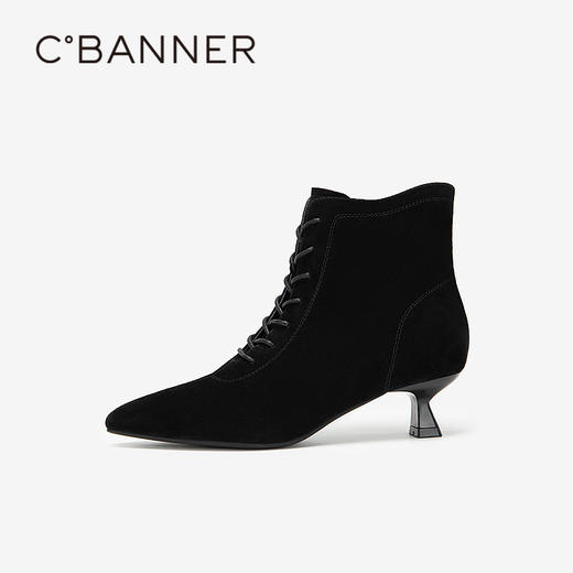 千百度豹纹时尚尖头中跟时装靴女细高跟女靴羊皮短靴A25540205 商品图2