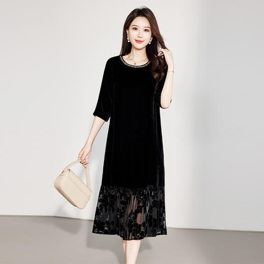 TC 63315真丝丝绒中袖宽松显瘦气质直筒连衣裙优雅桑蚕丝裙 商品图3