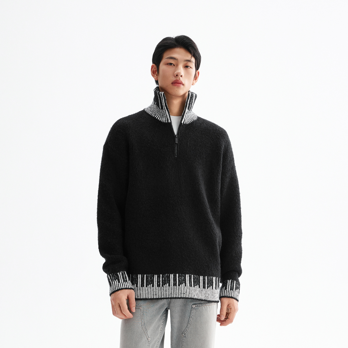 CHINISM折扣季 半拉链撞色高领毛衣男冬季新款美式针织衫男士上衣