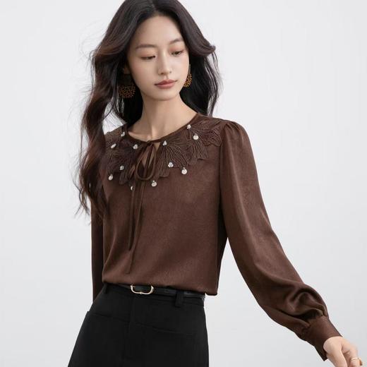 「自」全新升级【铂金会员165/天猫219/差价54】(13156)洛诗琳新款镂空花边衬衫2025法式气质钉珠优雅知性雪纺上衣 商品图1