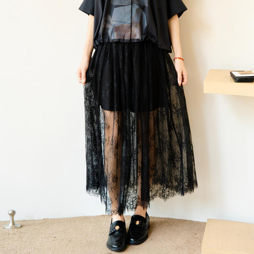 谜底蕾丝半身裙2025秋季新款复古文艺百搭松紧腰中长裙257MB7839 商品图0