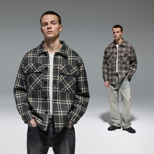 CHINISM赤尘 肌理感格纹衬衫外套男春秋美式工装复古衬衣男士上衣 商品图2