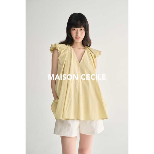 MAISON CECILE三色/宽松V领复古法式压褶设计感飞飞袖上衣 商品图1
