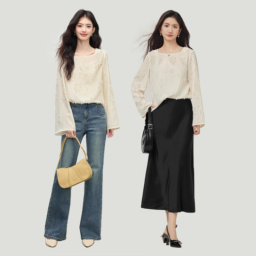 【周四狂欢价】熙世界羽毛流苏一字领雪纺衫女2025秋季新款高级感喇叭袖宽松上衣 商品图2