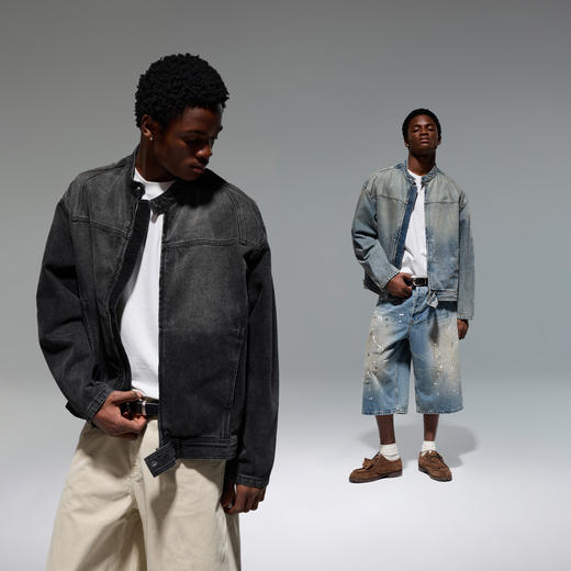 CHINISM赤尘 黑色做旧复古美式机车牛仔夹克男水洗高街立领外套 商品图2