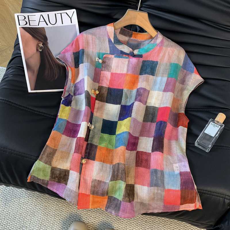 雀说新款苎麻改良旗袍上衣国风水墨彩格盘扣小衫AL6296