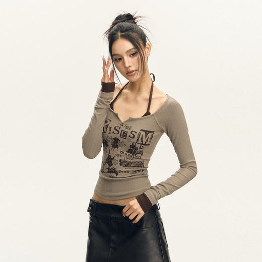 Ariseism 美式复古设计感字母挂脖长袖T恤女2025秋季新款辣妹上衣 商品图1