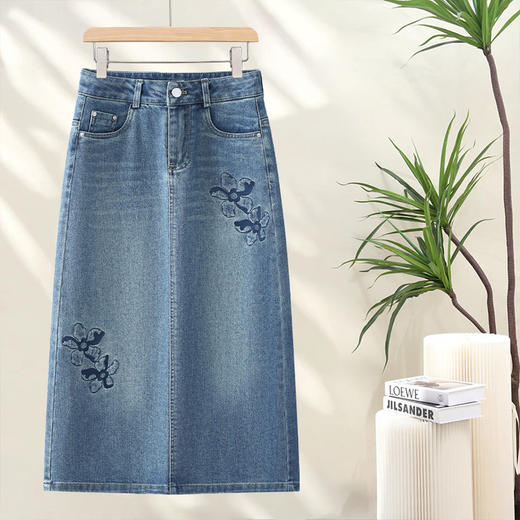 PY-2025年新款高腰显瘦中长裙一步直筒裙刺绣花朵牛仔裙半身裙女SRS&WM8937 商品图2