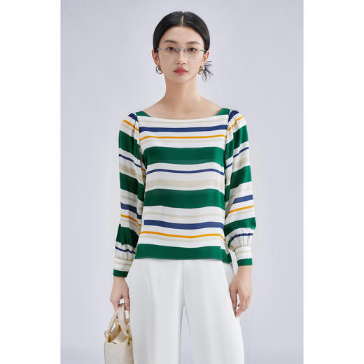 「彩条漫舞」桑蚕丝上衣 复古俏皮 女秋季经典条纹减龄百搭长袖小衫高级感4256 商品图3