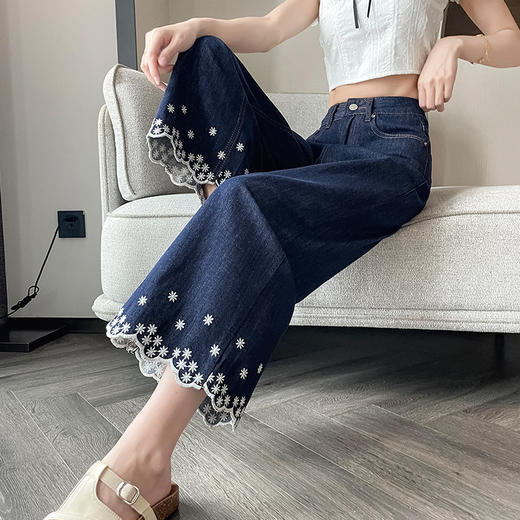 雀说蓝国风刺绣牛仔裤新款减龄高腰宽松直筒裤AL8922 商品图0