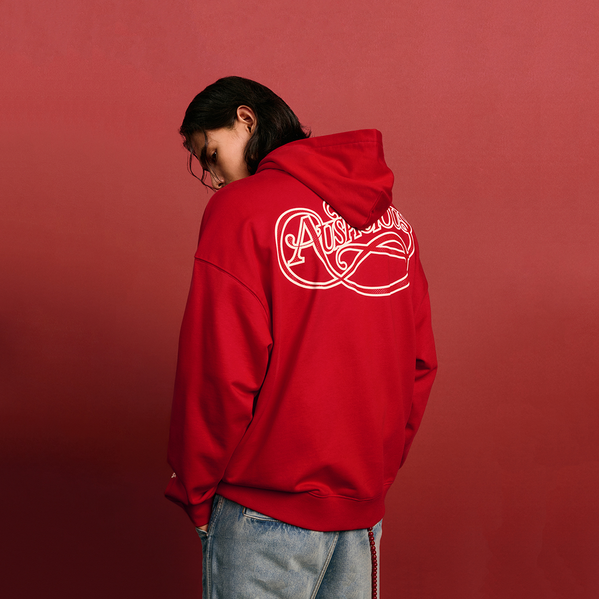 CHINISM折扣季 红色连帽开衫卫衣男秋季宽松发泡印花重磅拉链外套