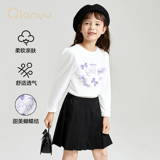 笛莎千与2025秋季新款女童甜美蝴蝶结装饰长袖T恤 商品图1