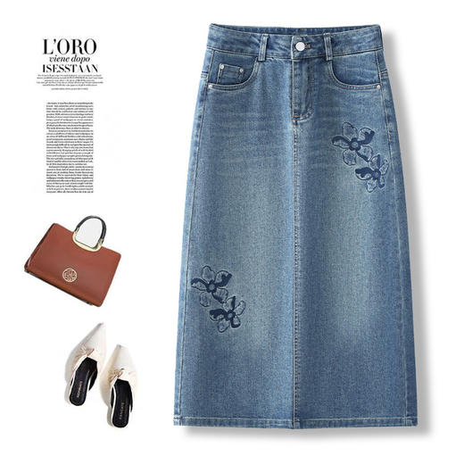 PY-2025年新款高腰显瘦中长裙一步直筒裙刺绣花朵牛仔裙半身裙女SRS&WM8937 商品图0