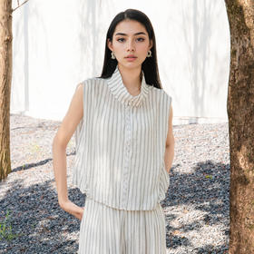 谜底无袖上衣女2025夏新款通勤风气质宽松条纹拉链衬衫25BMS5009