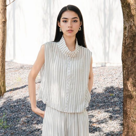 谜底无袖上衣女2025夏新款通勤风气质宽松条纹拉链衬衫25BMS5009 商品图0