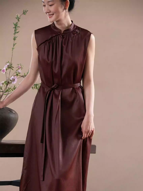 牧衣游原创 醇正薯莨红云纱手工刺绣连衣裙气质无袖长裙 洛木花