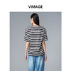 VIMAGE纬漫纪纯棉圆领复古百搭宽松撞色条纹t恤上衣2025夏季新款V2302922 商品缩略图4