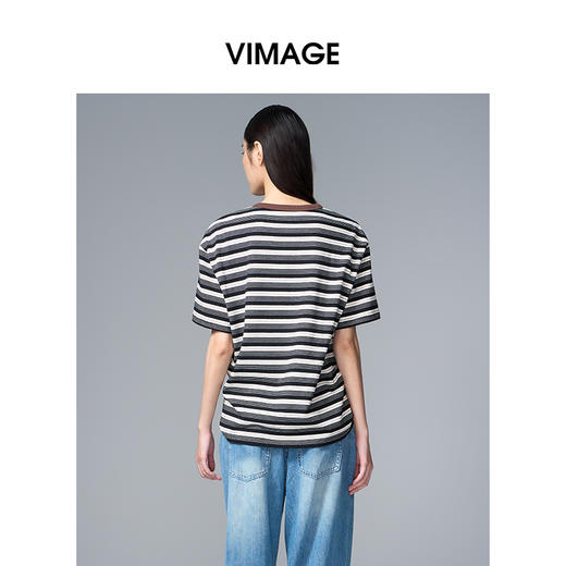 VIMAGE纬漫纪纯棉圆领复古百搭宽松撞色条纹t恤上衣2025夏季新款V2302922 商品图4