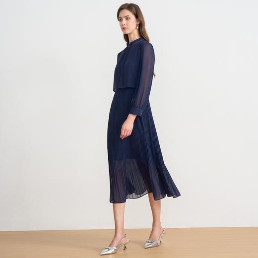 【假两件百褶连衣裙】EITIE爱特爱气质法式优雅蓝色2025秋季新款C2507820 商品图3