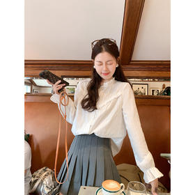 <曾小咸推荐>法式甜美风木耳边白色长袖衬衫