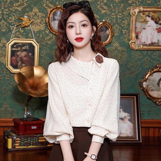 波点女士雪纺衬衫2025年早春秋季新款灯笼袖欧货小衫爆款长袖上衣 商品图0