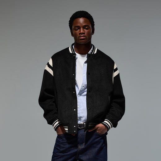 CHINISM赤尘 重磅呢绒棒球夹克男秋季复古宽松PU皮拼接潮牌外套 商品图0