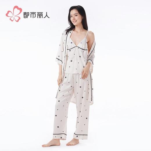 都市丽人冰雪丝印花睡衣女士家居服吊带长裤外袍丝质三件套LHH5A7 商品图7