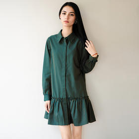 谜底条纹连衣裙长袖2025秋新款复古百搭荷叶边下摆短裙257ML7812