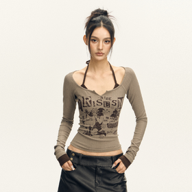 Ariseism 美式复古设计感字母挂脖长袖T恤女2025秋季新款辣妹上衣