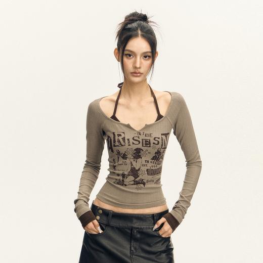 Ariseism 美式复古设计感字母挂脖长袖T恤女2025秋季新款辣妹上衣 商品图0