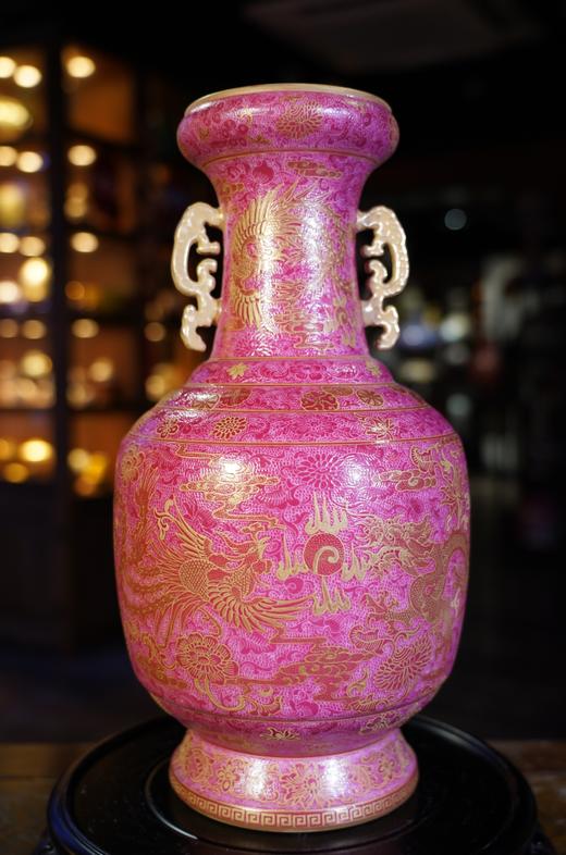 胭脂红扒花龙凤双耳来福瓶 商品图0