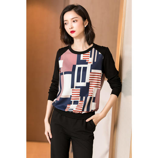 米思阳2026春季通勤风优雅拼接印花长袖T恤宽松休闲上衣女4308 商品图2