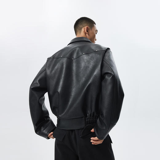 CHINISM赤尘 黑色翻领短款PU皮夹克男秋季新款美式潮流斜拉链外套 商品图2