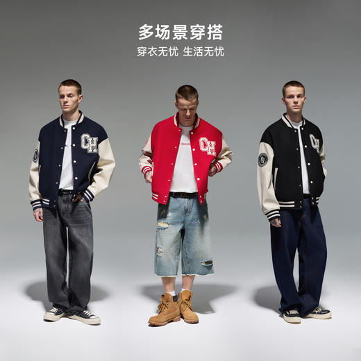 CHINISM赤尘 新款徽章棒球服男美式复古重磅撞色拼接PU皮夹克外套 商品图4
