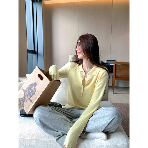 <曾小咸推荐>黄色polo领假两件拼色长袖针织衫 商品图4