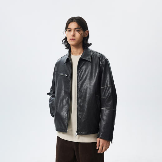 CHINISM赤尘 黑色仿水洗复古pu皮夹克男冬季新款美式做旧男士外套 商品图1