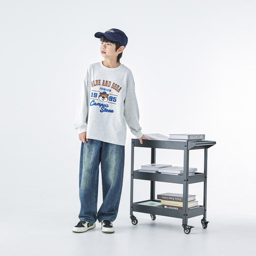 蓝汽水25年秋季新款亲子装中大男童小熊印花长袖T恤潮酷休闲上衣 商品图1